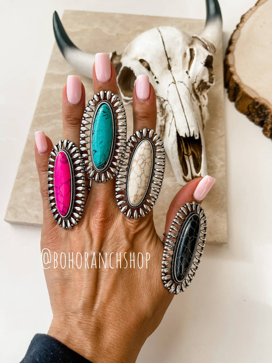 Western Oversized Oval Stone Ring: White