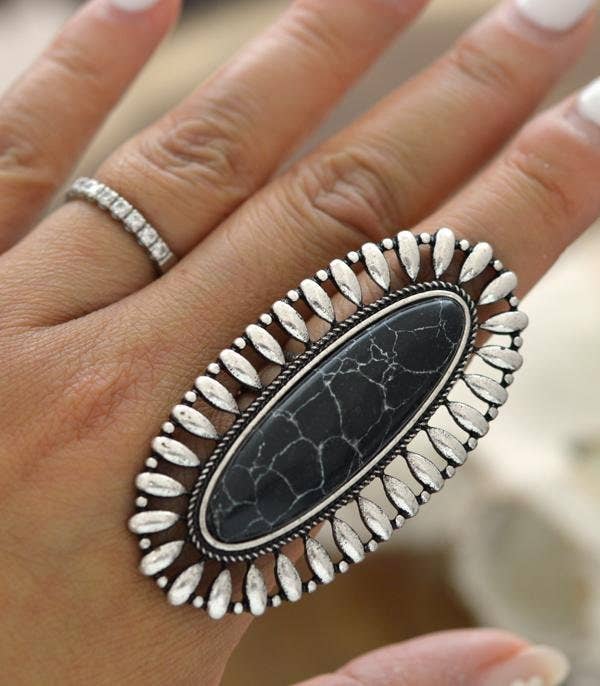Western Oversized Oval Stone Ring: White